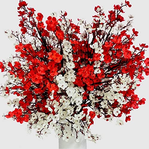 niuniufine 4Bundles Babys Breath Artificial Flowers Fake Silk Real Touch Floral Arrangement for Wedding Bouquet Home Office Farmhouse Wedding Centerpiece Decor White/Red - Image 1