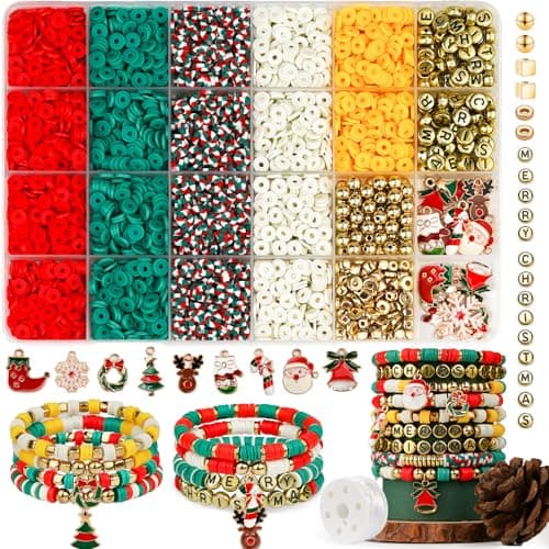 Gionlion Christmas Beads for Bracelets, Clay Beads Bracelat Making kit Golden Beads Christmas Crafts Stocking Stuffers Decorations Charms for Jewelry Making, DIY Crafts Gifts - Image 1