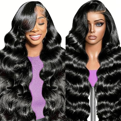 26 Inch Body Wave Human Hair Wig 13x6 HD Lace Front Wig 220 Density Glueless Pre Plucked Natural Hairline Transparent Lace Black Wavy Human Hair Wigs for Women 100% Virgin Hair No Shedding No Tangle