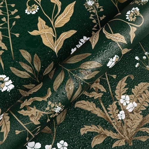 Abyssaly Dark Green Floral Peel and Stick Wallpaper, Vintage Leaf Flower Stick on Contact Paper, Thicken Vinyl Self Adhesive Wall Paper for Bedroom Bathroom Cabinets DIY Decor, 17.3" x 393.7" - Image 1