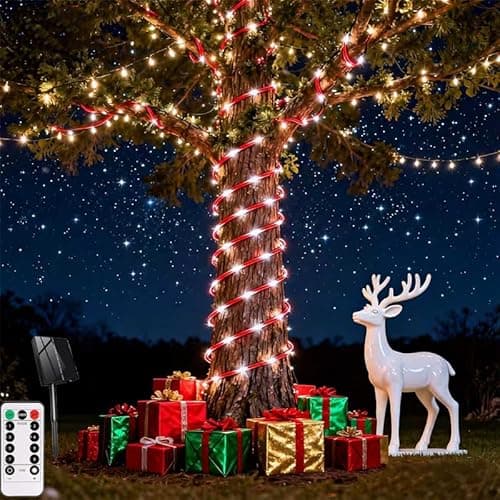 AurNyvaMay Solar Rope Lights 33Ft 100 LED Rope Lights for Outside 8 Modes White Fairy Light Solar Outdoor for Patio Fence Party Garden Yard Home Holiday Tree Decoration Candy Color