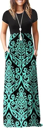 DEARCASE Women Floral Maxi Dress Flower Blue Green XX-Large Round Neck Boho Short Sleeve Sundresses A-line Casual Hawaiian Flowy Party Spring Summer Vacation Beach Long Dresses with Pockets - Image 1