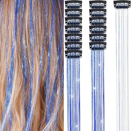 Hair Tinsel 12Pcs Clip in Hair Tinsel Extensions 20.5 Inch Fairy Hair Tinsel Kit for Girls Women Kids Glitter Hair Accessories for Christmas Halloween Cosplay Party (Sapphire Blue) - Image 1