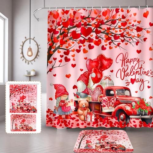 Lutto Valentines Day Bathroom Set, Red Polyester Shower Curtain with 72x72 Inch Size, Includes 12 Hooks and Anti-Slip Bath Mat, Modern Valentines Day Decor for Bathroom - Image 1