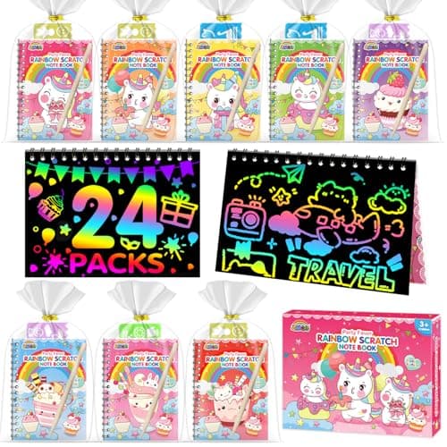 ZMLM 24 Pack Rainbow Scratch Art Party Favors for Kids 4-8 - Mess-Free Birthday Goodie Bags Stuffers, Classroom Prizes Grades 1–3, Creative Paper Notebooks for Pre-K Kindergarten Gifts(Unicorn