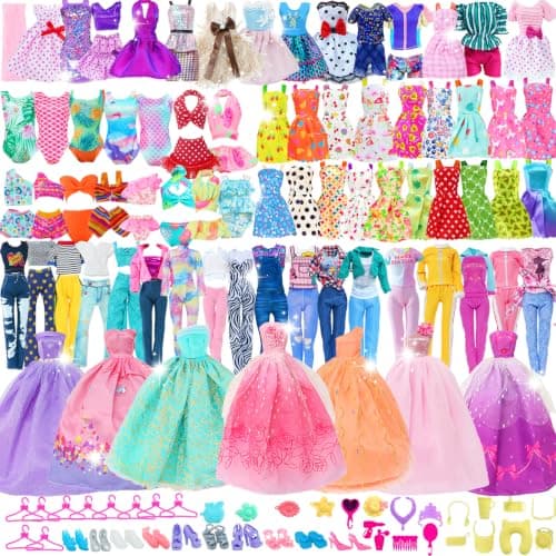 BJMOWIN 50pcs Doll Clothes and Accessories Including 2 Gowns 5 Short Dresses 2 Swimsuits 3 Tops and Trousers 10 Shoes 10 Hangers and 18 Accessories for 11.5 Inch Doll (No Dolls) - Image 1