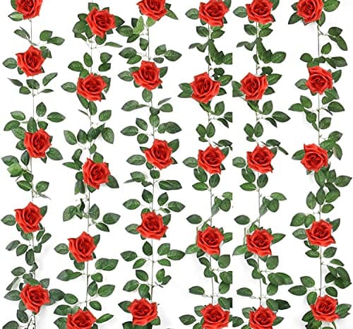 niuniufine 50FT Artificial Flowers Garlands Red 6PCS Silk Rose Hanging Vine with Green Leaves for Wedding Arch Party Christmas Home Decoration Flowers Arrangement - Image 1
