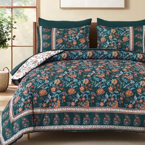 Dinjoy Comforter Set King Size Boho, Reversible Dark Green Bedding Paisley Floral 7 Piece Bed in a Bag Soft Lightweight Bohemain Comforters with Sheet Sets for All Season - Image 1