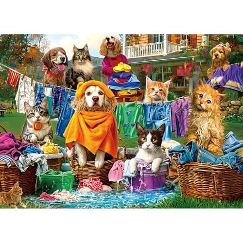 Laundry Day Puzzles for Adults 1000 Pieces,Colorful Backyard Theme Funny Dogs and Cats Jigsaw Puzzle with Reference Poster & Letter, Challenging Puzzles for Adult Entertainment/Family Game Night - Image 1