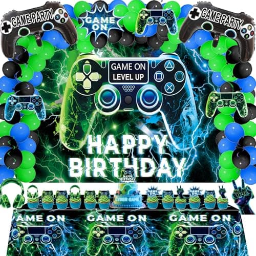 Video Game Party Decorations Set – 77Pcs Gamer Birthday Supplies with Backdrop, Table Cover, Hanging Swirls, Cake Toppers, Foil Balloons for Boys & Kids Party - Image 1