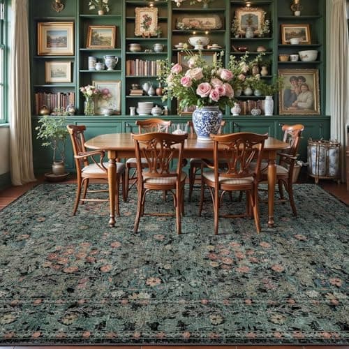 Dark Green Boho 5x7 Area Rugs for Bedroom Aesthetic, Washable Floral Rug for Living Room, Nursery - Low Pile Non Slip French Country Carpet for Dining Room Under Table - Botanical Mat for Indoor - Image 1