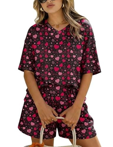 Marvmys Womens Cute Pajama Outfits Heart Print Short Sleeve Shorts PJ Set Loose Sleepwear 2Pcs Lounge Set Black Heart L - Image 1