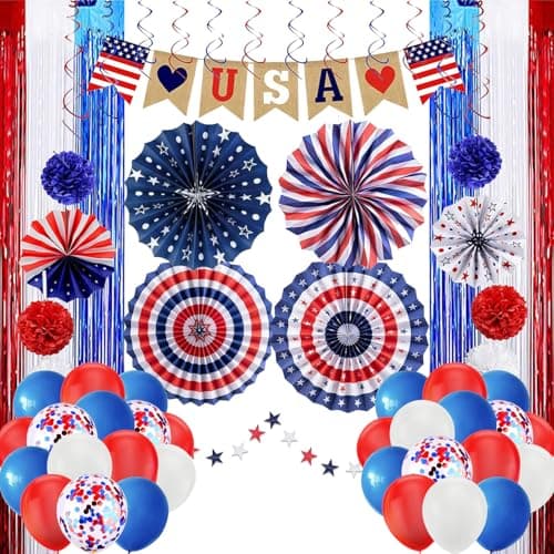 100 pcs 4th of July Patriotic Christmas Independence Labor Day Party Decoration Sets with Red White Blue Balloons,Paper Fans,USA Flag Pennant,Star Streamer,Pom Poms,Tinsel Backdrop - Image 1