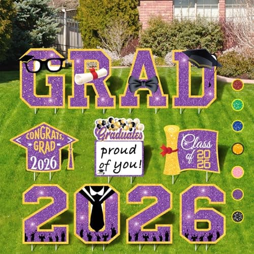 Lotus Hills Graduation Decorations 2026 Purple, 11 Pcs Graduation Yard Signs Class of 2026, 15" Large Shimmering Grad Signs for Lawn Garden Pathway, High School College Senior Grad Party Decor Outdoor - Image 1