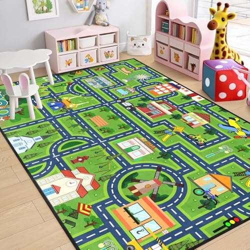 HBUFBUQ Kids Car Rug Play Mat 4.5x6 Feet City Life Road Traffic Track Carpet for Boys Bedroom Playroom Non Slip Floor Area Rugs for Toy Cars Toddlers Educational Learning Game Mat - Image 1