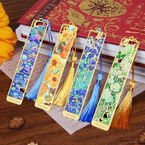 Kinsound Metal Bookmarks with Tassel, Golden Van Gogh Monet Oil Painting Theme Cute Hollow Book Markers for Reading Women, Teachers, Students, Reading Accessories Gifts for Book Lovers (Style A(4PCS)) - Image 1