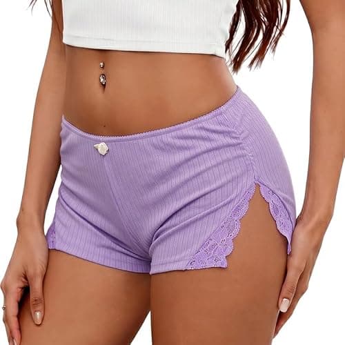 Marvmys Womens Cute Mini PJ Shorts Low Rise Split Lace Sleep Bottoms Lace Ruched Booty Shorts Loungwear Purple S - Image 1