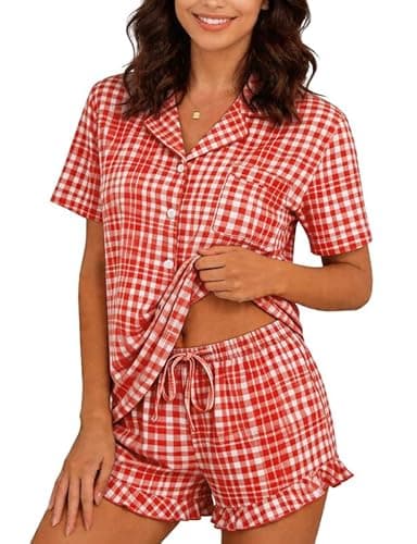 Marvmys Summer 2 Piece Lounge Set for Women Button Down Short Sleeve Pajamas Sets Soft Reffle Pjs Outfits Nightwear Red Plaid M - Image 1
