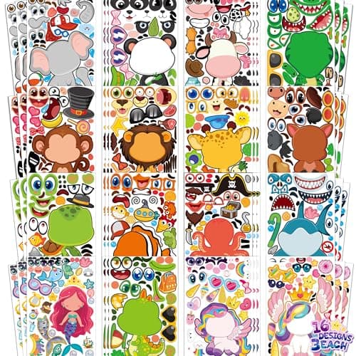 Stickers for Kids - 48 Sheets 8.6" X 5.8" Party Favors Animal Make a face Stickers Crafts Goodie Bags Stuffers Activities Gifts for Kids Toddler Grandkids Birthday School Classroom Supplies - Image 1