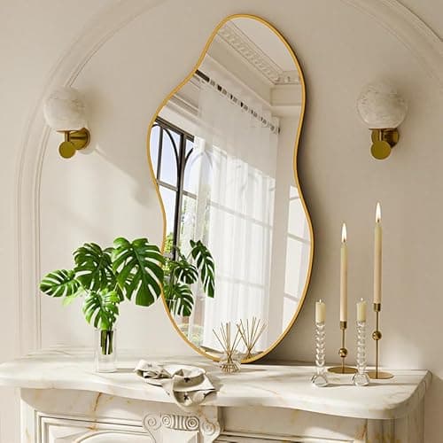 potijo Irregular Wall Mirror 24×40 Inch Wall Mirrors Decorative Gold Modern Asymmetrical Abstract Mirror for Bathroom Bedroom Living Room Entryway Hallway - Image 1