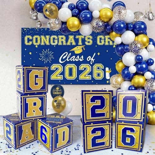 Graduation Decorations 2026 Navy Blue and Gold Balloon Boxes, Class of 2026 GRAD Letters, Balloon Garland Kit, Congrats Grad Banner Photo Backdrop for High School & College Party Supplies - Image 1