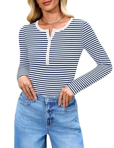 Misakia Long Sleeve Shirts for Women 2025 Spring Fall Tops Henley Button Ribbed Tunic Slim Fit Trendy Outfits White and Blue Stripes S - Image 1