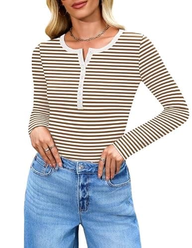 Misakia Long Sleeve Shirts for Women 2025 Spring Fall Tops Henley Button Ribbed Tunic Slim Fit Trendy Outfits White and Brown Stripes S - Image 1