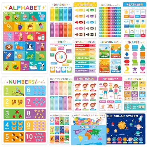 XXBUSSING 18PCS Educational Posters for Toddlers, Laminated Preschool Learning Posters for Classroom, Kindergarten Classroom Wall Decor Alphabet Number Learning Chart for Nursery Homeschool - Image 1