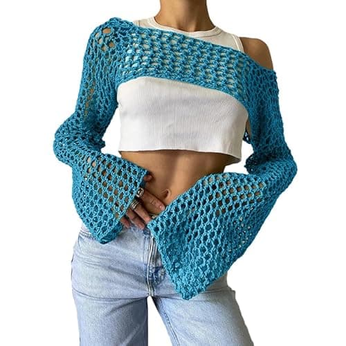 hathne Women Hollow Out Sweater Crop Flounce Off See Through Crochet Top Trumpet Long Sleeve Knit Top(Peacock Blue,L) - Image 1