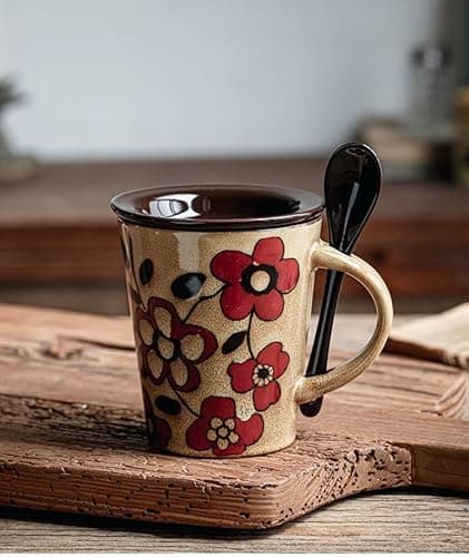 Coffee Mugs 12 oz with Spoon and Lid, Novelty Ceramic Coffee Cups for Latte, Hot Tea, Cappuccino, Mocha, Cocoa, Farmhouse Housewarming Wedding Present Christmas Mug Set - Set of 1 Flower Khaki 11.6oz - Image 1