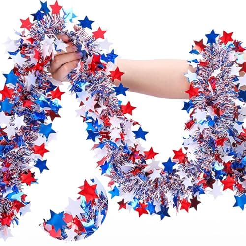 Biliziviro 52FT 4th of July Garland Decorations, Patriotic Glitter Tinsel, Red White and Blue Garland for America 250 Celebration, Parade Float, Front Door, Porch, Golf Cart Decor, Indoor Outdoor