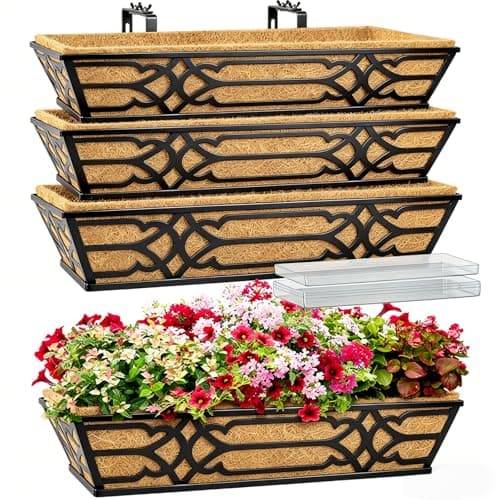 cheehigo 4 Pack 24 Inch Window Boxes Planters with PET Tray and Coco Liner, Metal Railing Planter Boxes for Outdoor Plants, Heavy Duty Hanging Garden Trough for Porch Deck Railing and Backyard Fence - Image 1