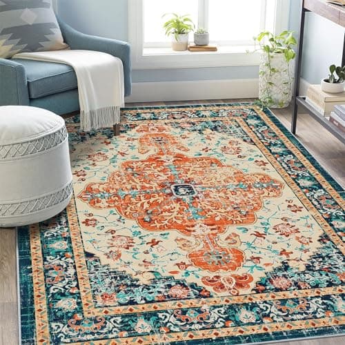 U'Artlines Boho Vintage Area Rug 5x7 Machine Washable Low Pile Soft Floor Carpet Non Slip Non Shedding Accent Rug for Living Room Bedroom Entryway Dining Room Office Orange/Multi - Image 1