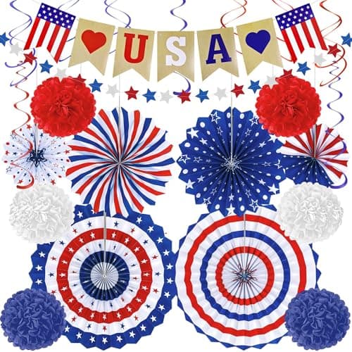 4th of July Decorations - 26 PCS Patriotic USA Banner Star Streamer Paper Fans Hanging Swirls Pompoms Set for Memorial Day | 250th Anniversary America Merchandise Accessories for Indoor Outdoor Home - Image 1
