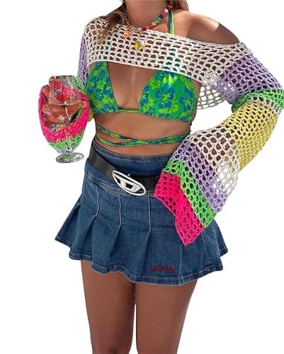 Mincib Womens Crochet Shrug Y2K Hollow Out Bolero Shrug See Through Cropped Knit Sweater Top Long Flare Sleeve (Rainbow, S) - Image 1