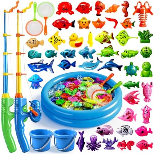 CozyBomB™ Magnetic Fishing Toys Game Set for Kids | Water Table Bathtub Kiddie Pool Party Pole Rod Net, Outdoor Plastic Floating Fish, Toddler Bath Color Ocean Sea Animals Birthday Gift Age 3-5 6 4-8