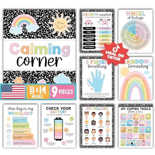 Hadley Designs 9 Calming Corner Posters for Classroom Must Haves - Calm Down Corner Supplies with Emotions Chart, School Counselor Mental Health Poster, Feelings Chart For Kids, Pastel Classroom Decor - Image 1