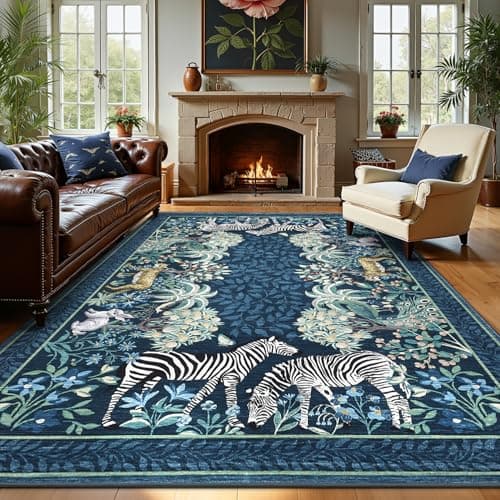 GarveeHome Zebra Teal Washable Rugs 9x12 for Living Room Vintage Jungle Woodland Forest Safari Animal Print Rug Low Pile Botanical Kids Rugs for Playroom Kitchen Nursery Room - Image 1