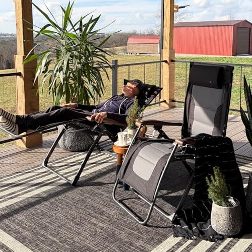 PURPLE LEAF Oversized Outdoor Reclining Chair Patio Zero Gravity Chaise Lounge Folding Chair with Quilted Cushion Adjustable Headrest for Lawn Camping Beach Pool Black and Grey - Image 1