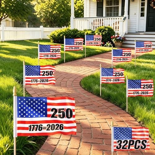 32 Pack 250th Anniversary American Flags on Stick, 4x6 Inch Mini USA Patriotic Handheld Flags 1776-2026 for 4th of July Outdoor Parade Decorations - Image 1