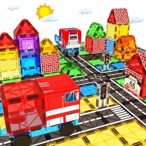 Magnetic Tiles Road Car Set, Toddler Magnetic Building Blocks Toys for 3 4 5 6 7 Year Old Boys Girls, Kids Montessori STEM Sensory Preschool Classroom Educational Learning Games Easter Birthday Gifts - Image 1