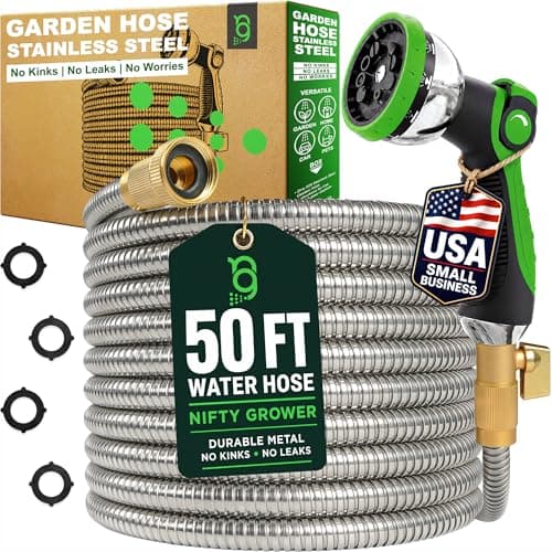 50 FT Garden Hose Stainless Steel Heavy Duty with Spray Nozzle, Lightweight and No-Kink Flexible Water Hose 50 FT with 3/4" Solid Brass Fittings, Metal Waterhose for Outside 50FT, Manguera Para Jardin - Image 1