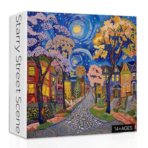 Colorful House Puzzles for Adults 1000 Pieces, Starry Night Street Scene Jigsaw Puzzles, Fantasy Village Landscape Puzzle as Nature Decor - Image 1