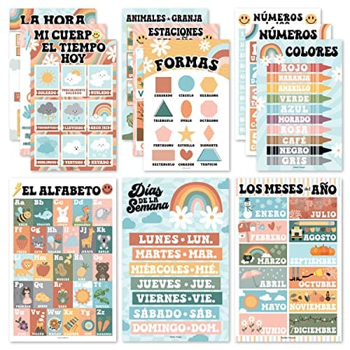 Hadley Designs Spanish Posters for Classroom - 12 Bilingual Educational Posters for Spanish Classroom Decorations Must Haves, Calendario y Alfabeto en Español Para la Pared, Colorful Teacher Supplies - Image 1