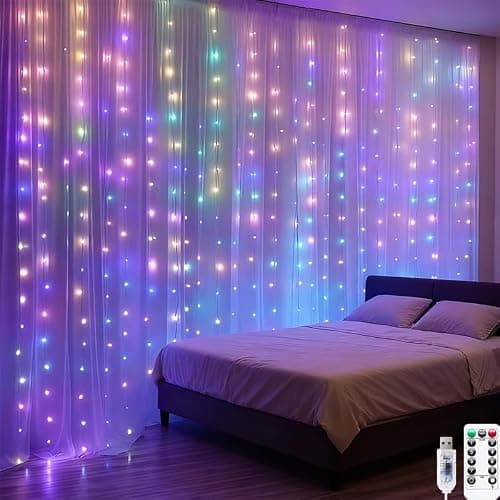 300LED Fairy Curtain Lights, 9.8x9.8Ft Warm White USB Plug in 8 Modes & Timer Christmas String Hanging Lights with Remote for Bedroom Indoor Outdoor Weddings Party Wall Decorations(Multicolor) - Image 1