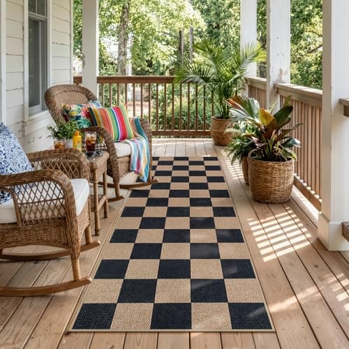 Lahome Colette Checkered Easy Jute Runner Rug, 2x6 Kitchen Runner Rug Non Slip Washable Outdoor Carpet for Entryway Indoor, Checkerboard Black Indoor Outdoor Carpet Runners for Hallway 6ft Entry - Image 1