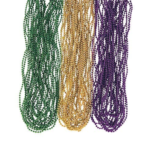 Fun Express Metallic Mardi Gras Beads - 144 Pieces Plastic Purple Gold and Green Round Beads for Jewelry - Image 1