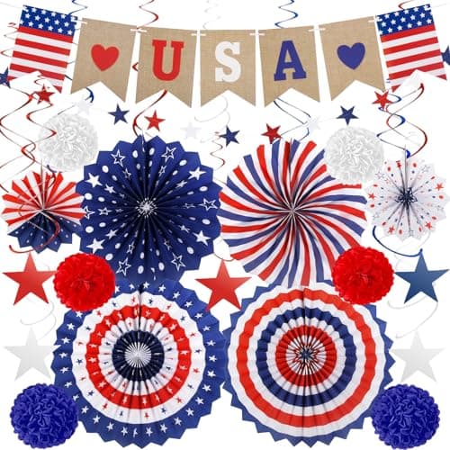 SANBUAI 4th of July Decorations Patriotic 26PCS, 250th Anniversary Red White Blue Paper Fans Decorations, Fourth of July Banner Pompom Garland Set for Independence Day Veterans Décor Party Supplies - Image 1