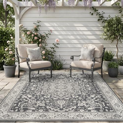 AMOAMI-Outdoor Rug-Patio Rug 5x8 ft Quick Dry Flatweave Textured Machine Washable Outdoor Carpet with Rubber Particles Backing Vintage Outdoor Area Rug for Patio Deck Front Porch Balcony Greyish Black - Image 1