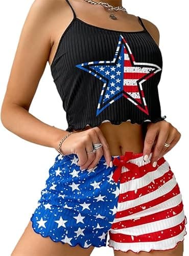 4th of July 2 Piece Outfits for Women American Flag USA Lounge Set Patriotic Ribbed Camisole Shorts Pajama Sets - Image 1